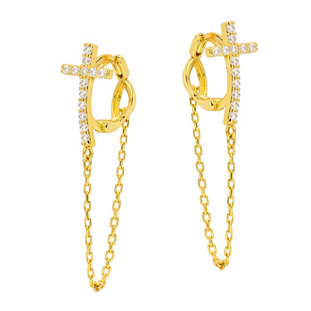 Kolczyki krzyżyk z cyrkoniami i łańcuszkiem, złoto 375