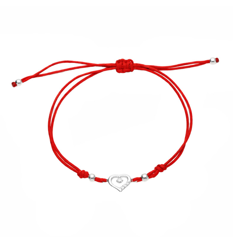 Bransoletka sznurkowa czerwona z serduszkiem ze srebra 925