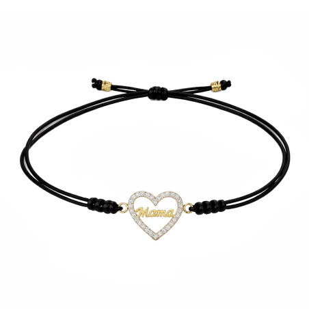 Bransoletka sznurkowa czarna z sercem złotym próby 375 i napisem Mama