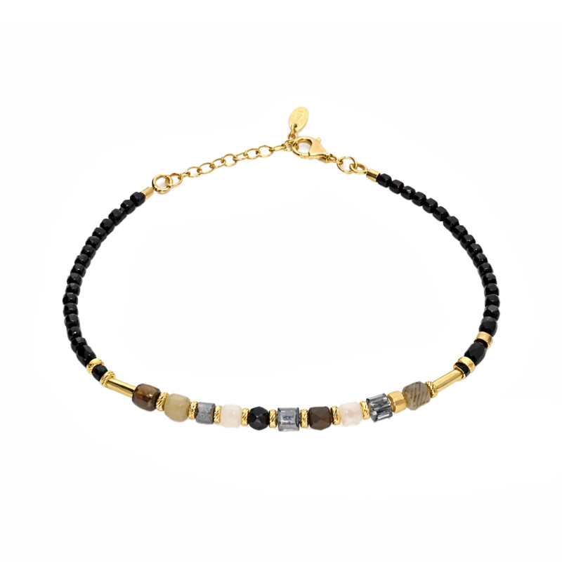 Bransoletka z fasetowanymi kwarcami, agatami, spinelami, elementy srebrne próby 925 koloru złoteg