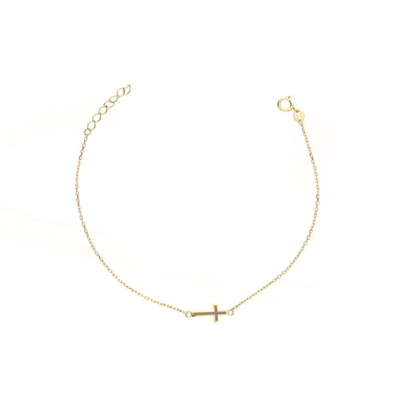 Bransoletka krzyżyk bokiem emalia szara, złoto 585