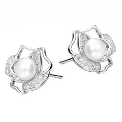 Srebrne kolczyki kwiatki z perłą i cyrkoniami - JubilerSezam.pl