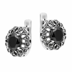 Kolczyki srebrne 925 oksydowane z markazytami i onyksami