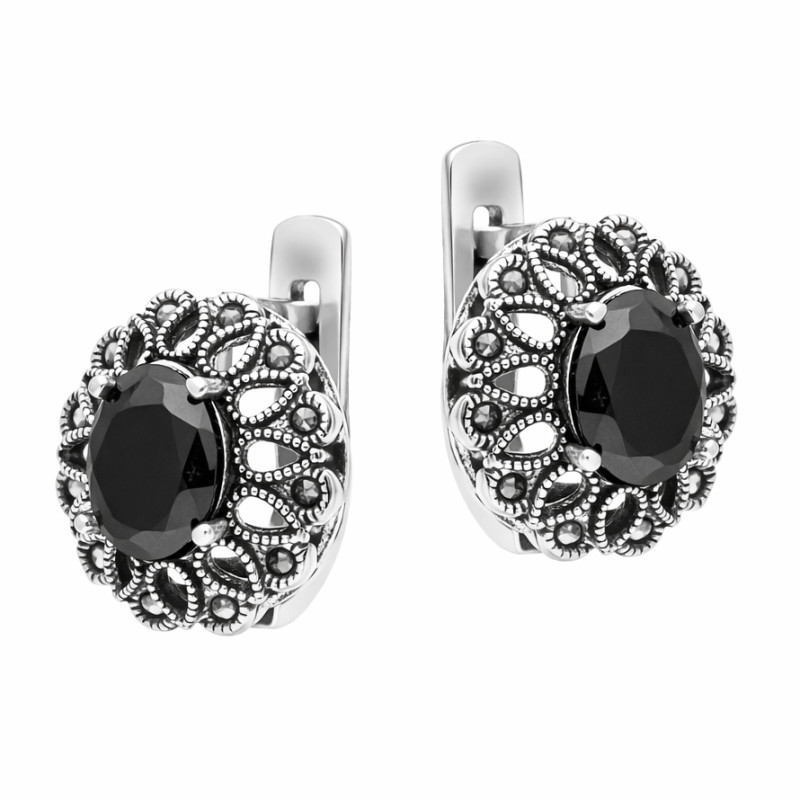 Kolczyki srebrne 925 oksydowane z markazytami i onyksami