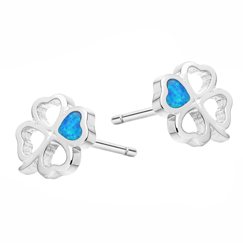 Kolczyki koniczynka z serc opalem niebieskim jubilerskim, srebro 925