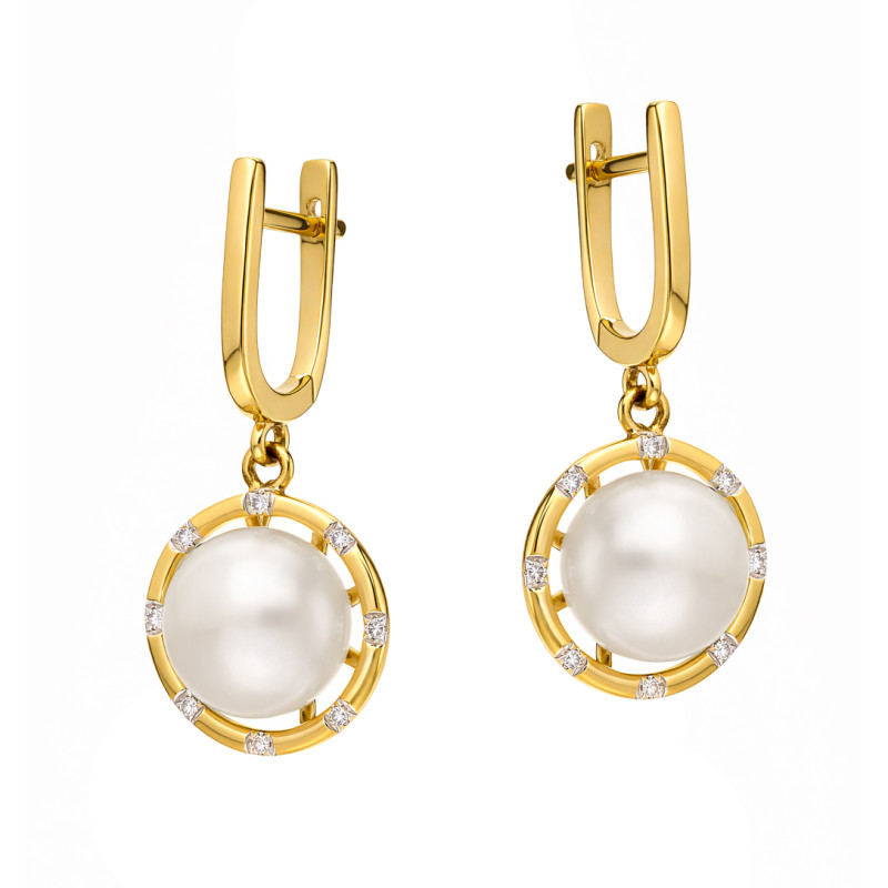 Kolczyki wiszące z perłą i diamentami 0,06 ct, złoto 585