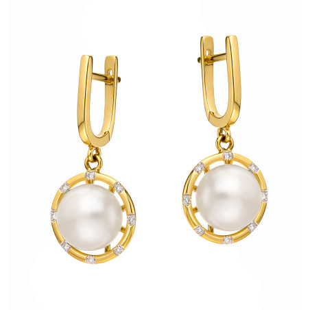 Kolczyki wiszące z perłą i diamentami 0,06 ct, złoto 585