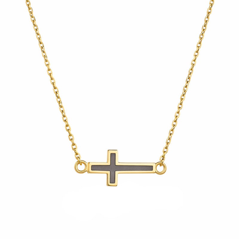 Naszyjnik z krzyżem emalia szara, złoto 585