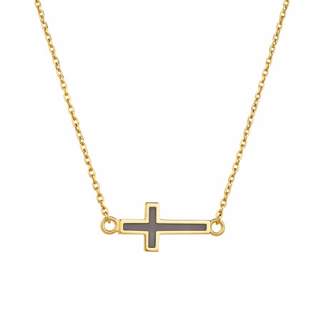 Naszyjnik z krzyżem emalia szara, złoto 585