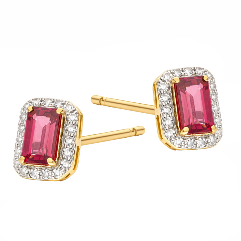 Kolczyki Markiza prostokąt z rodolitami 0,64 ct i diamentami 0,12 ct, złoto 585