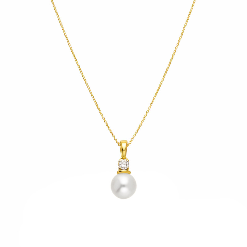 Naszyjnik z perłą i diamentem 0,06 ct na łańcuszku rolo, złoto 585