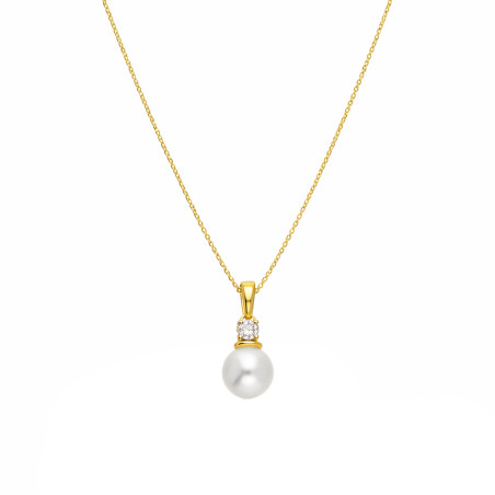 Naszyjnik z perłą i diamentem 0,06 ct na łańcuszku rolo, złoto 585