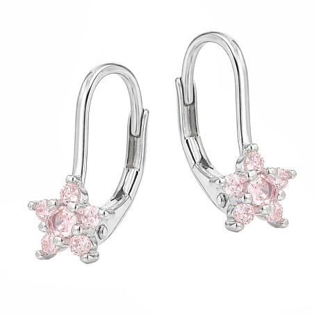 Kolczyki dla dziewczynki kwiatki z cyrkoniami białymi i jasno różowymi, srebro 925