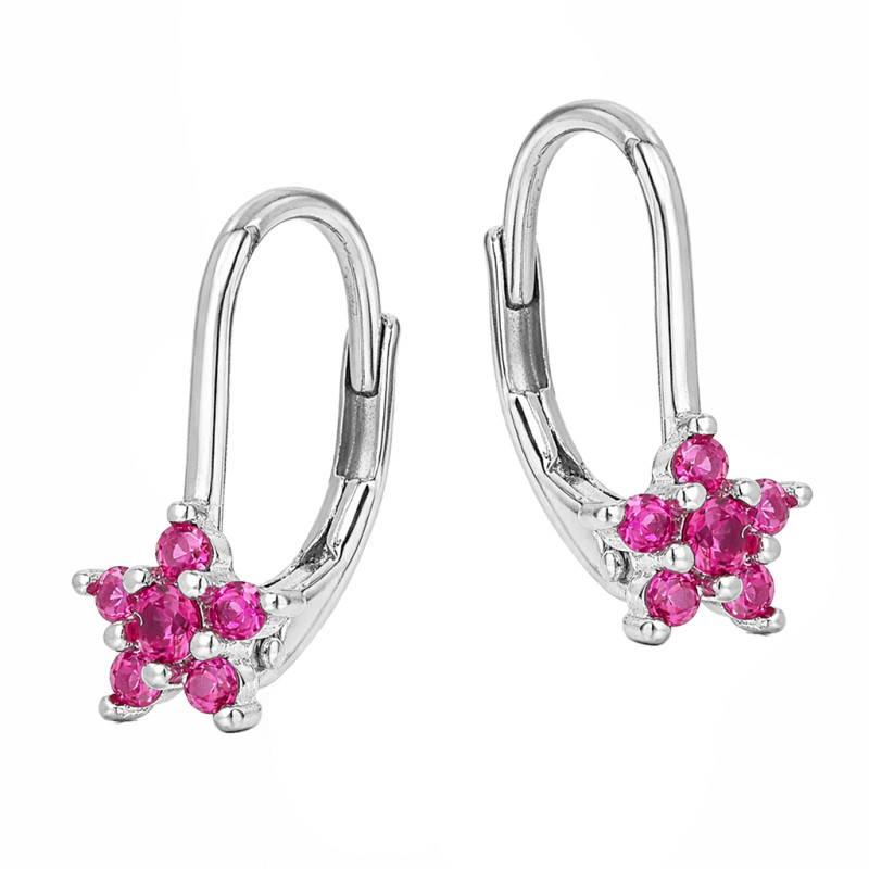 Kolczyki dla dziewczynki kwiatki z cyrkoniami białymi i ciemno różowymi, srebro 925