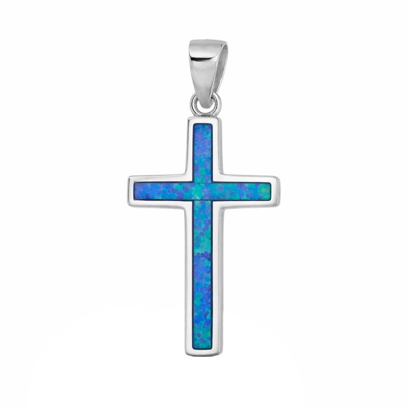 Krzyżyk srebrny z opalem jubilerskim niebieskim, srebro 925