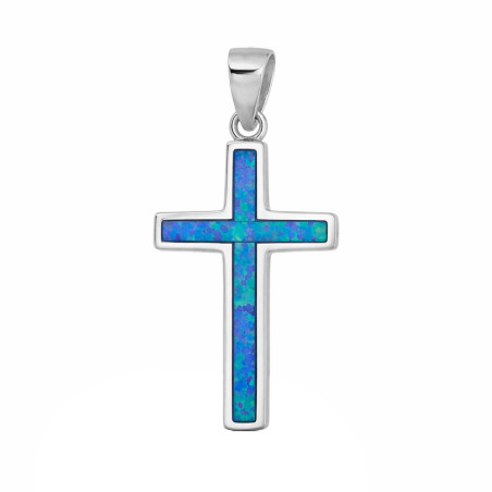 Krzyżyk srebrny z opalem jubilerskim niebieskim, srebro 925