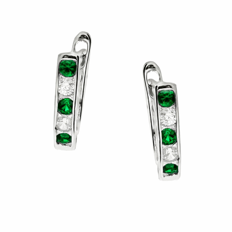 Kolczyki dla dziewczynki przecinki z białymi i zielonymi cyrkoniami, srebro 925