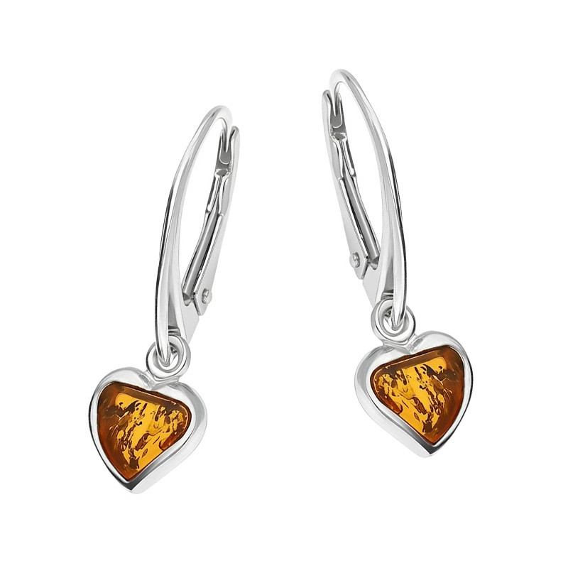 Srebrne Kolczyki Serduszka z Bursztynem Koniakowym - JubilerSezam.pl
