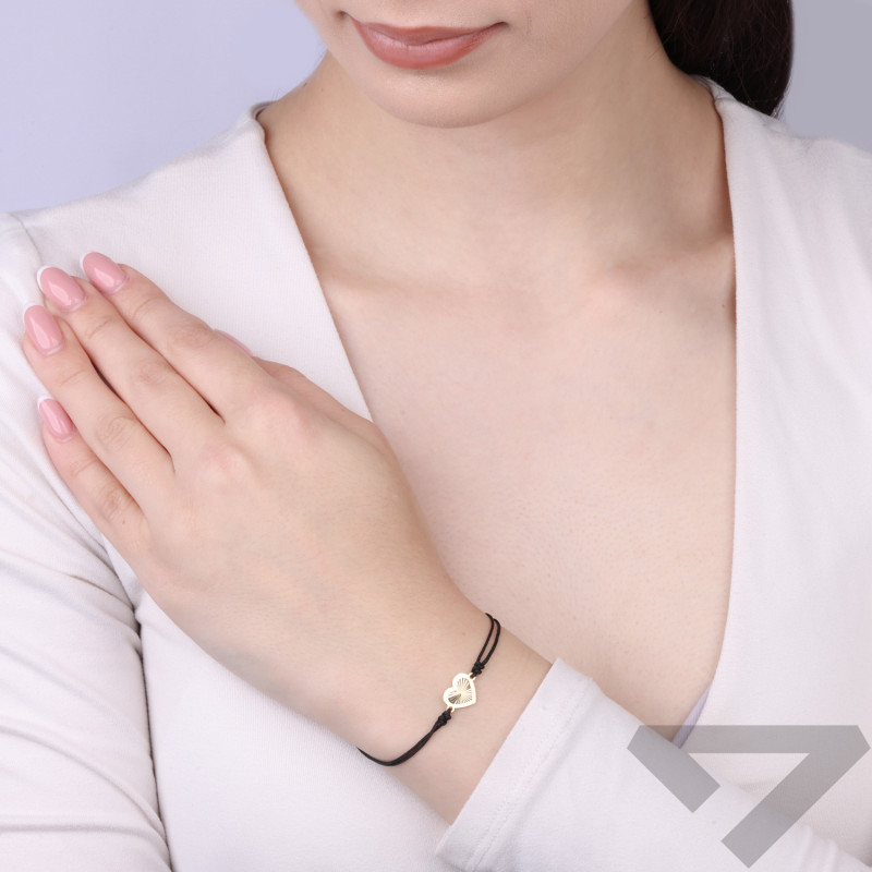 Bransoletka złota sznurkowa czarna z sercem diamentowanym ze złota 585