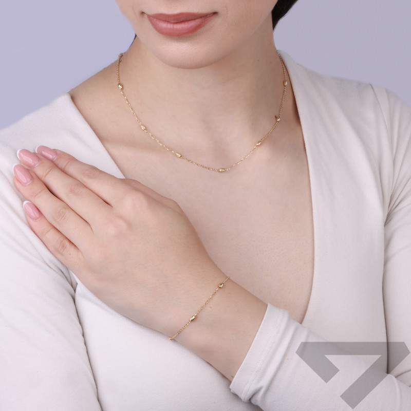 Bransoletka złota 14 karat łańcuszek rolo z diamentowanymi fasolkami