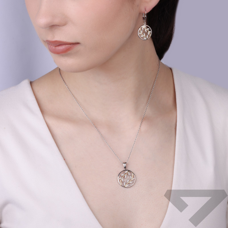 Komplet biżuterii kolczyki i wisiorek z gałązkami i cyrkoniami, srebro 925