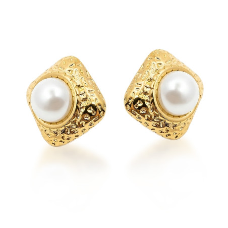 Kolczyki stalowe koloru złotego, kwadrat tłoczony z perłą