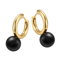 Kolczyki stalowe koloru złotego koła z czarną kulką