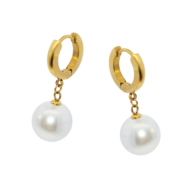 Kolczyki stalowe koloru złotego koła z zawieszoną perłą