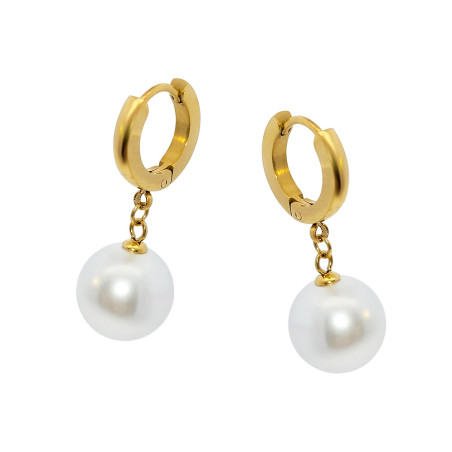 Kolczyki stalowe koloru złotego koła z zawieszoną perłą