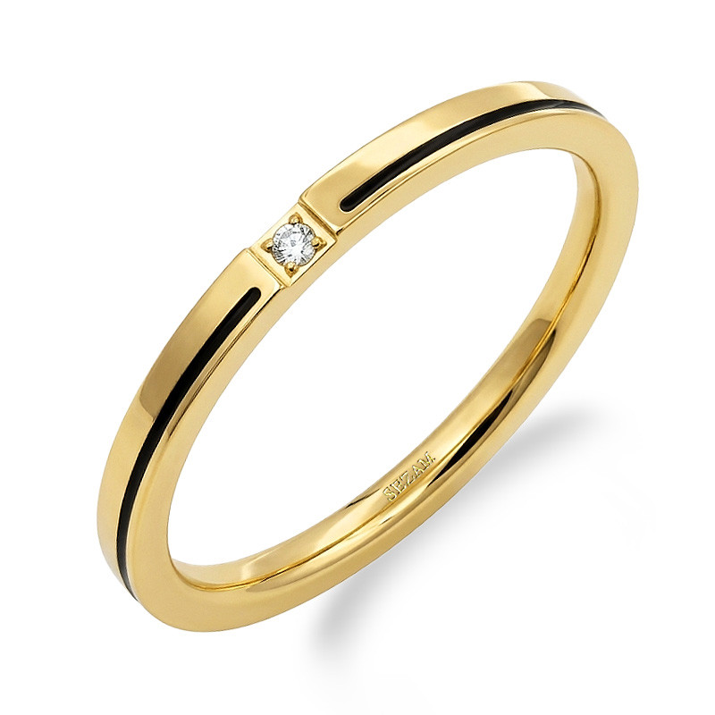 Pierścionek stalowy kolor złoty z paskiem emalii i cyrkonią