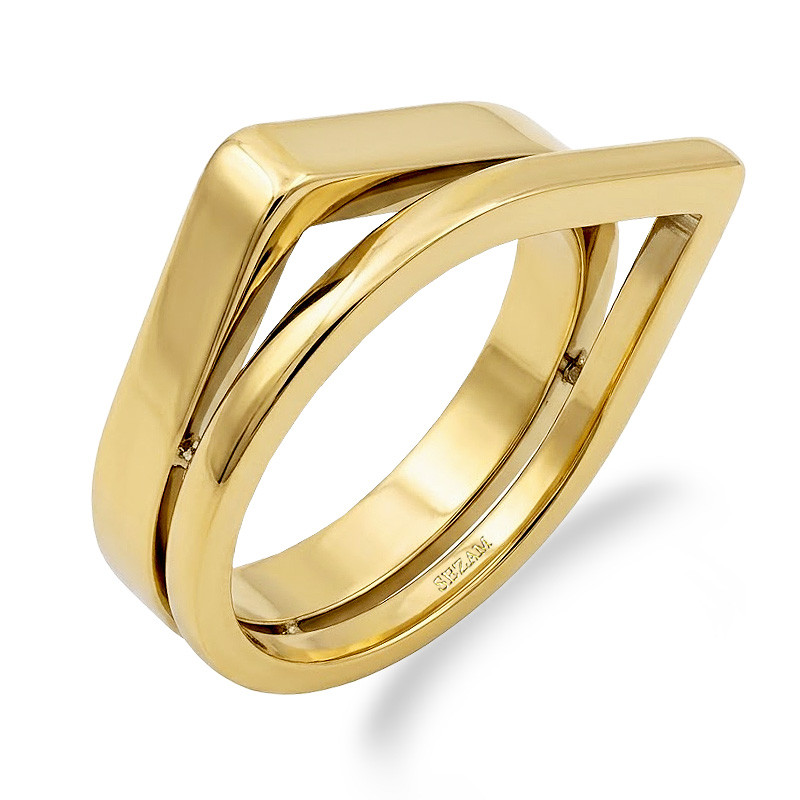 Pierścionek stalowy koloru złotego podwójny szpic osadzony na skos