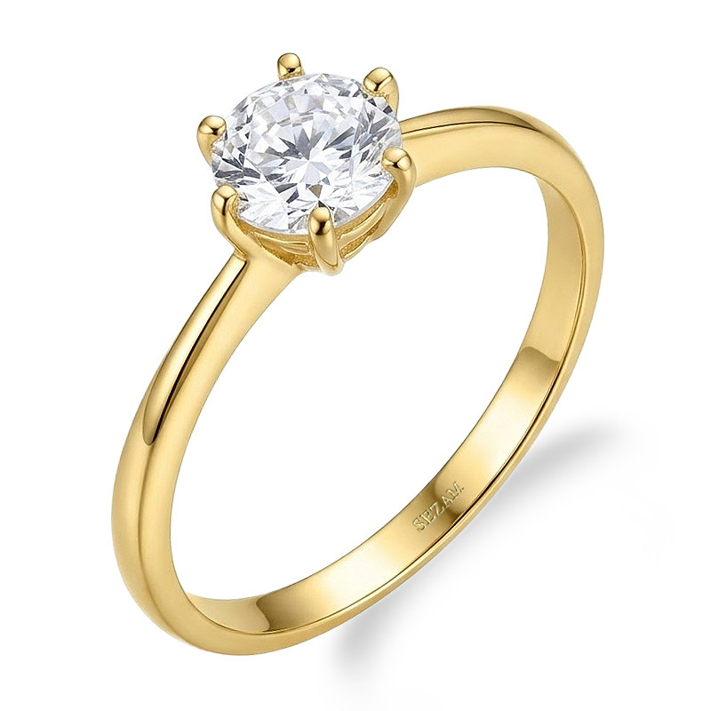 Pierścionek stalowy w złotym kolorze z cyrkonią