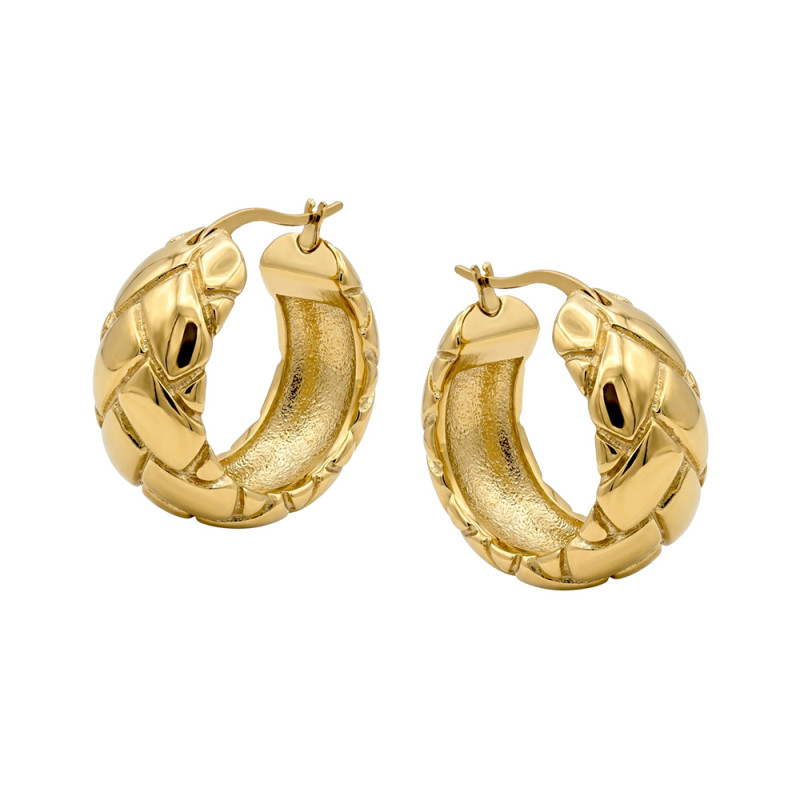 Kolczyki stalowe koloru złotego koła szerokie z grawerem w formie warkocza