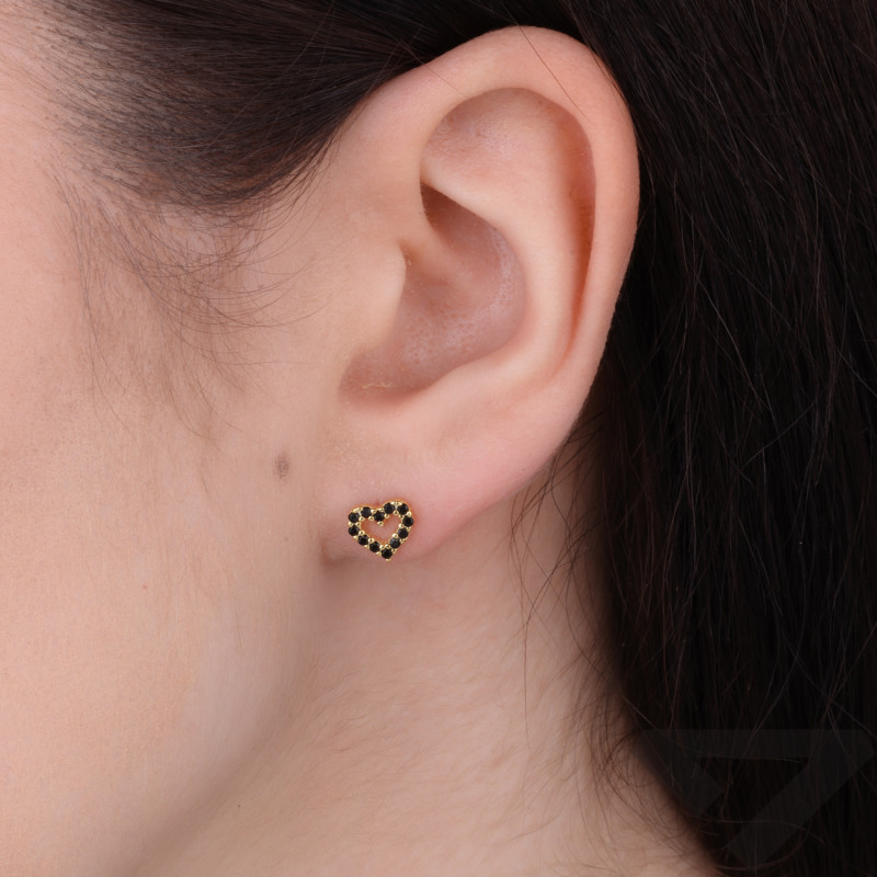 Kolczyki serca z czarnymi cyrkoniami, srebro 925 koloru złotego