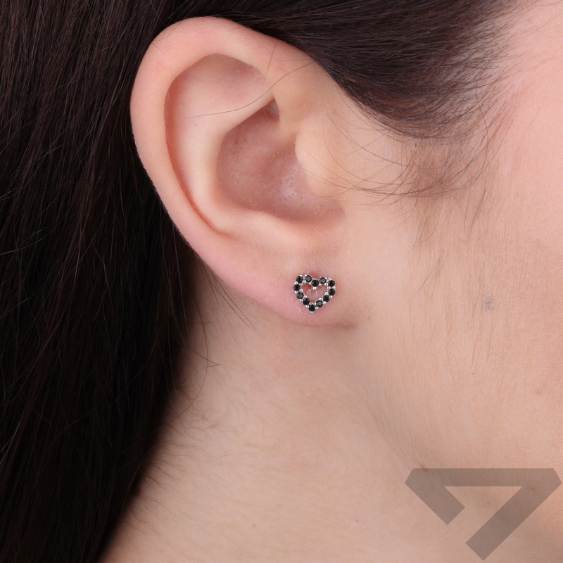 Kolczyki serca z czarną cyrkonią, srebro 925