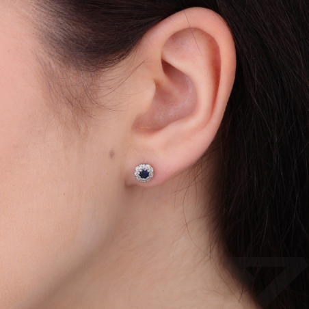 Kolczyki dla dziewczynki kwiatki z cyrkonią białą i szafirową, srebro 925