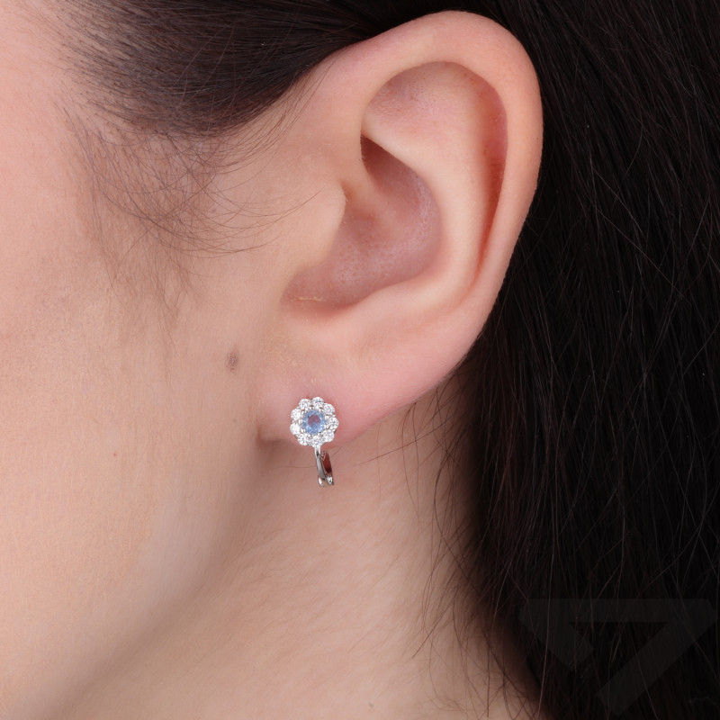 Kolczyki dla dziewczynki kwiatki z cyrkonią białą i błękitną, srebro 925