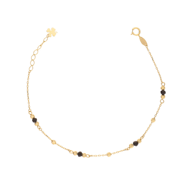 Bransoletka kulki czarne fasetowane i kulki złote grawerowane, próba 375