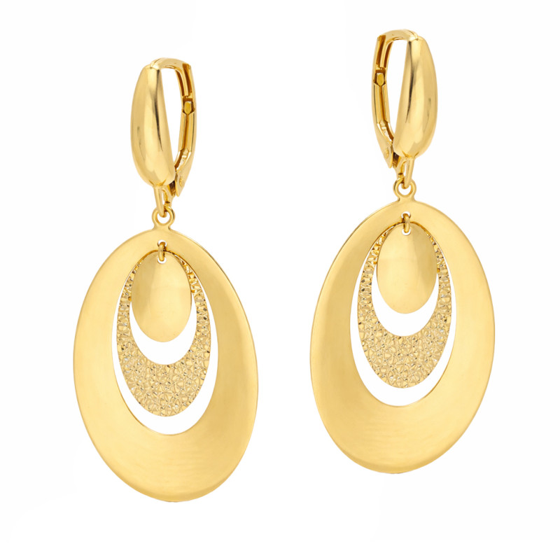 Kolczyki złote wiszące owalne blaszki z polerowanego i diamentowanego złota próby 585