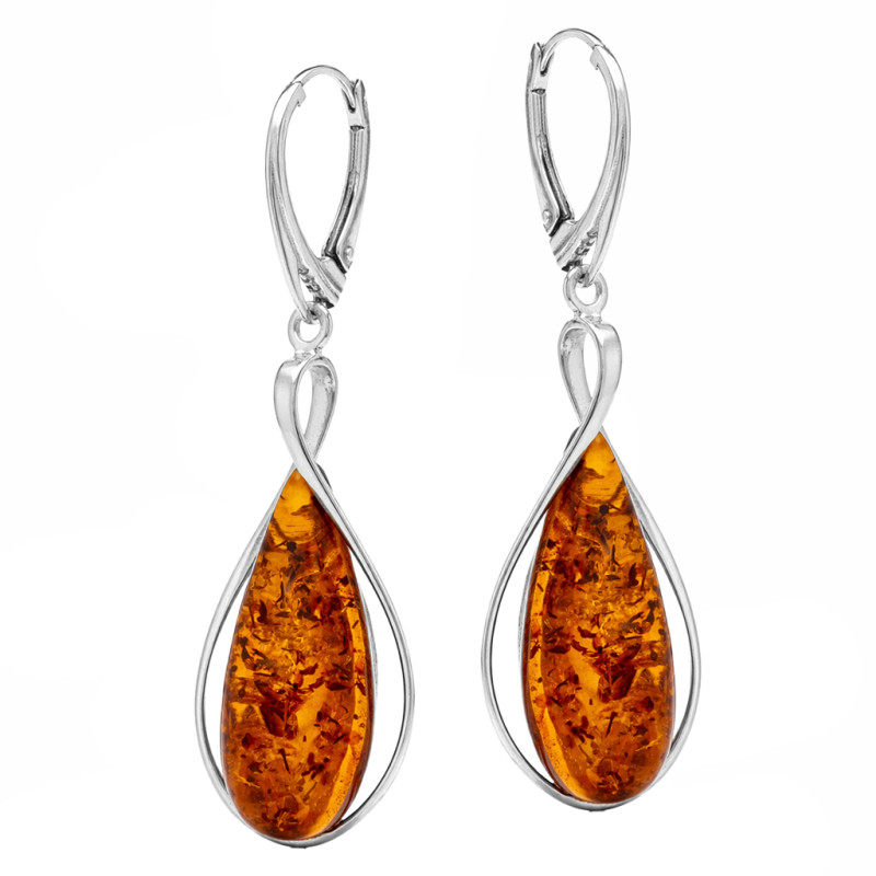 Kolczyki srebrne 925 wiszące z bursztynem koniakowym