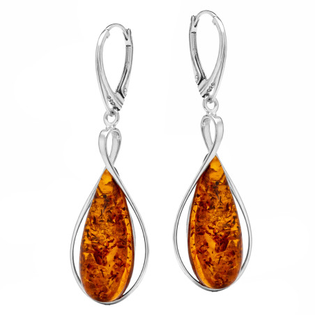 Kolczyki srebrne 925 wiszące z bursztynem koniakowym