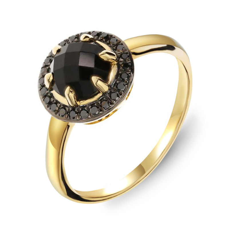 Pierścionek złoty 585 z agatem i czarnymi diamentami 0,14 ct