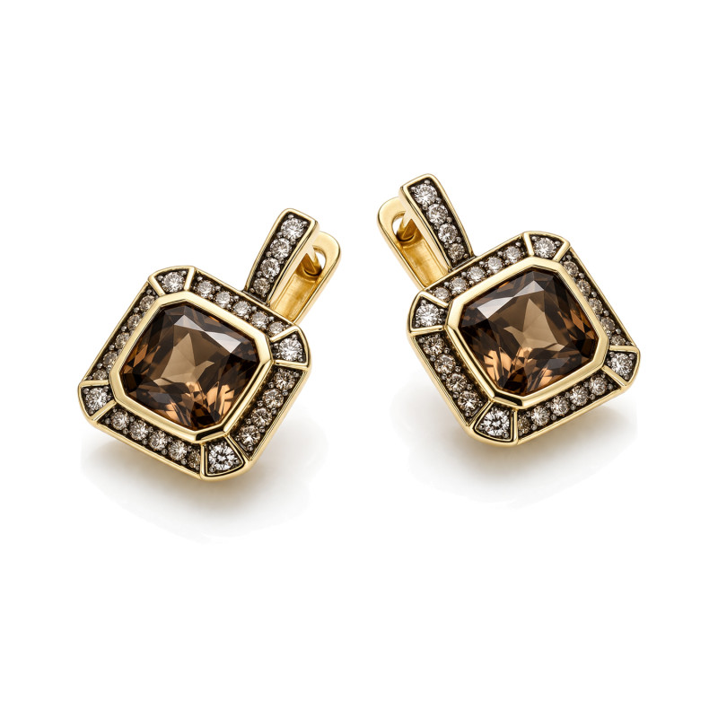 Złote kolczyki z kwarcem dymnym i diamentami - JubilerSezam.pl