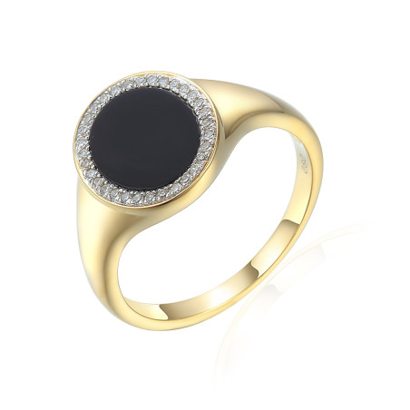 Pierścionek złoty typu sygnet 585 z agatem czarnym i diamentami 0,10ct