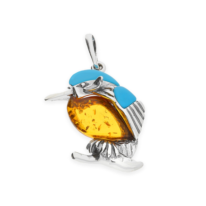 Srebrna Zawieszka Ptak z Bursztynem i Turkusem pr. 925 - JubilerSezam.pl