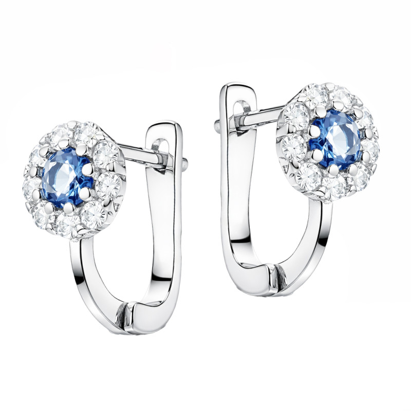 Kolczyki dla dziewczynki kwiatki z cyrkonią białą i błękitną, srebro 925