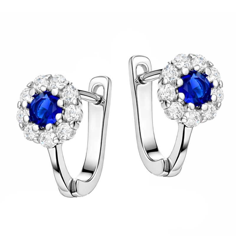 Kolczyki dla dziewczynki kwiatki z cyrkonią białą i szafirową, srebro 925