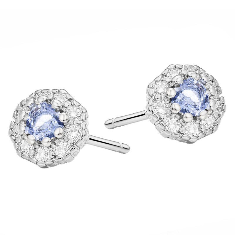 Kolczyki dla dziewczynki kwiatki z cyrkonią białą i błękitną, srebro 925