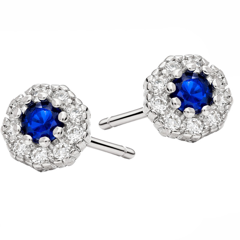 Kolczyki dla dziewczynki kwiatki z cyrkonią białą i szafirową, srebro 925