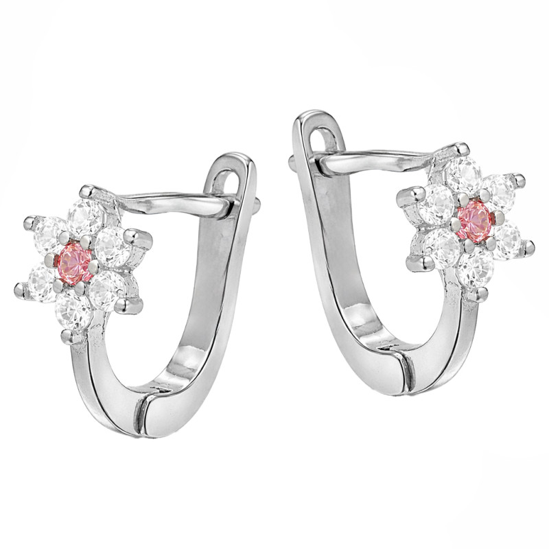 Kolczyki srebrne kwiatki z rożową cyrkonią, próba 925